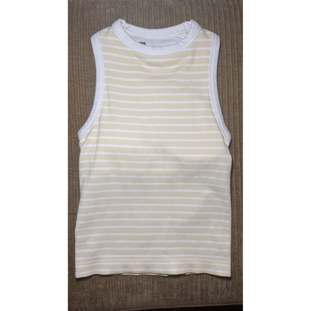 Yellow and White Striped Ribbed Padded Performance Athletic Tank Top XS